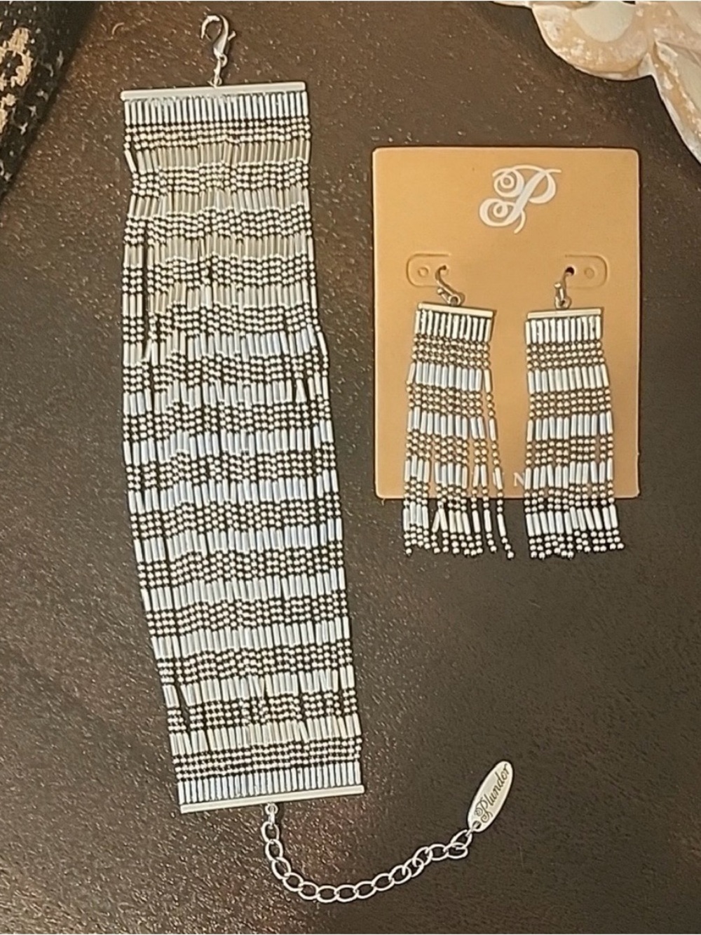 Plunder Silver Seed Bead Fringe Bracelet with Matching Earrings